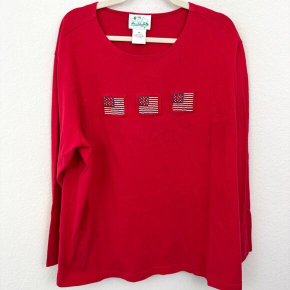 Quacker Factory Womens Long Sleeve T Shirt Top Size 2X Patriotic Flag Beaded Red - Picture 1 of 6